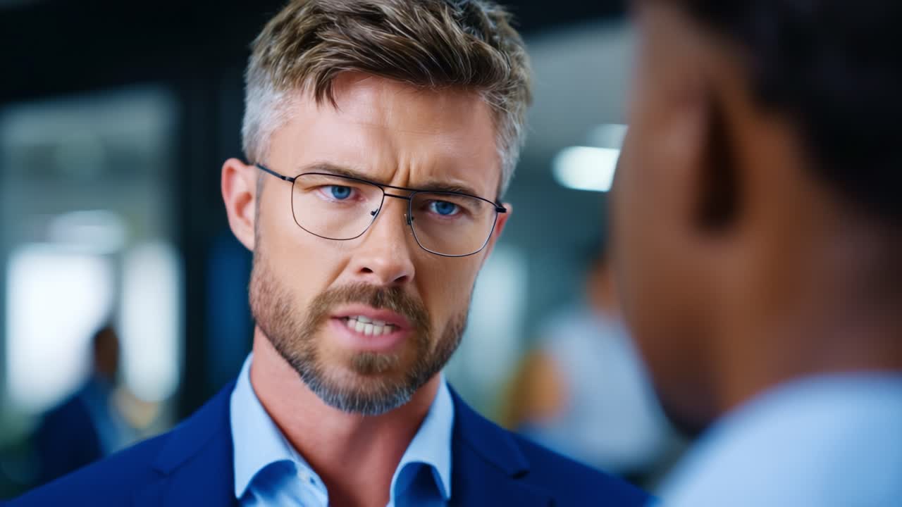 Intense Business Conversation: A Close-Up on a Conflicted Executive Engaging in a Serious Dialogue, Highlighting Emotion and Focus in a Corporate Setting