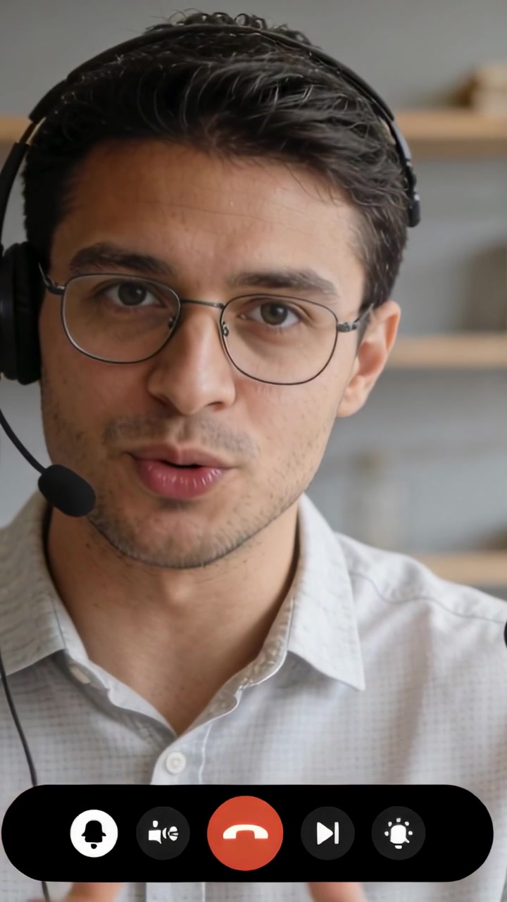 Video verticale: Uomo in camicia che parla al telefono con auricolare, gesticola appoggiato in ufficio con barra di chiamata