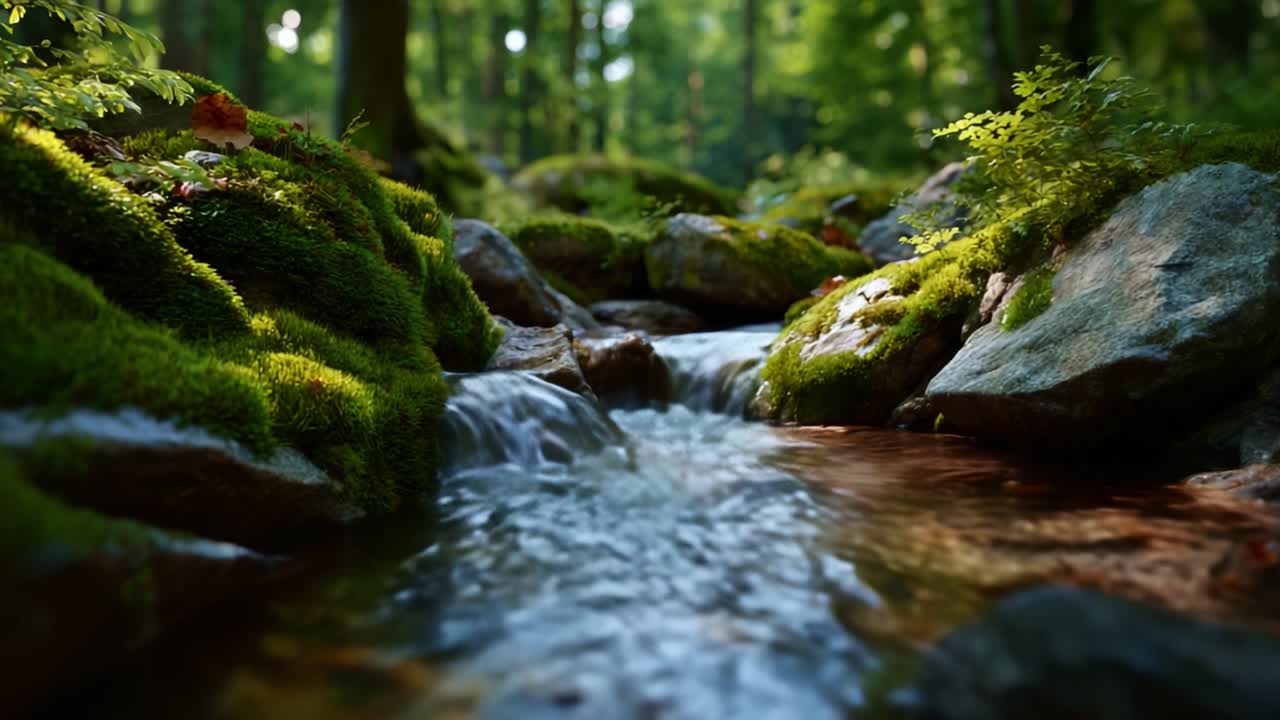 Fredfyldt strøm, der flyder gennem frodig, grøn skov og indfanger naturens ro med strålende mos og glimtende vand, der inviterer til fredfyldt eftertanke og ro.