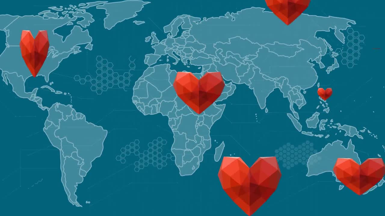 青い背景の世界地図と赤いハートのアニメーション