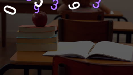 números digitales flotan sobre una manzana y libros en un entorno de clase.