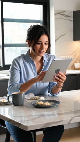 woman using a tablet at a kitchen counter during breakfast