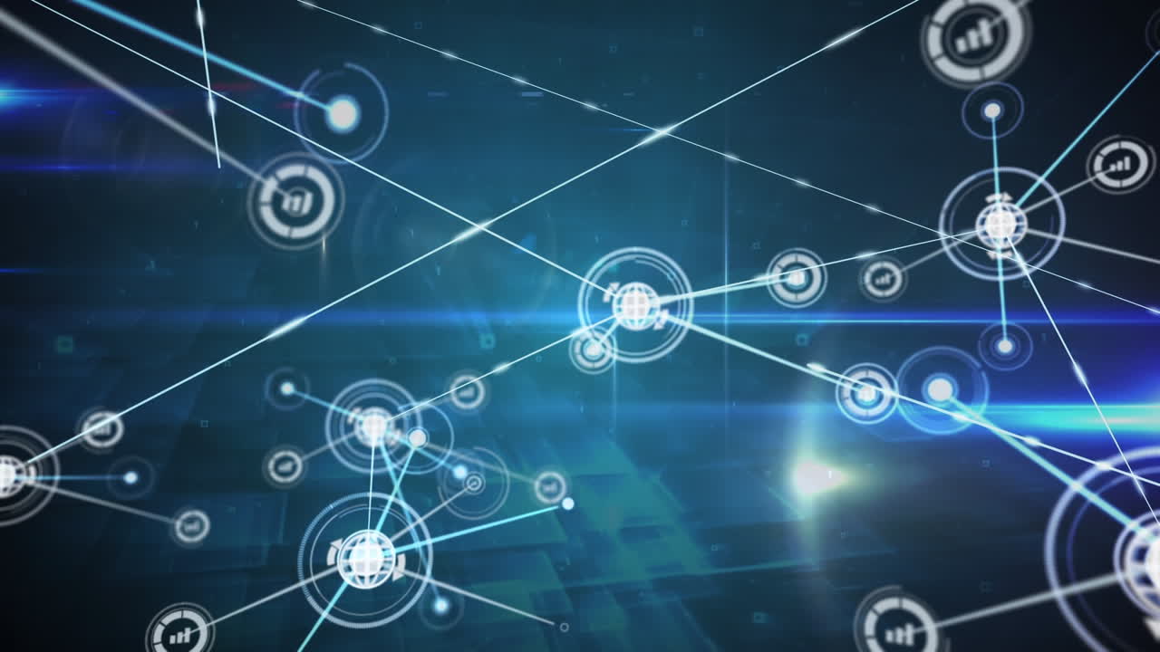 animación de la red de información y iconos de intercambio global que transfieren datos a través de luces brillantes