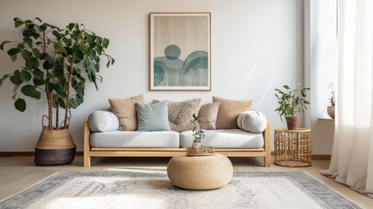 Útulný minimalistický obývací pokoj ve skandinávském stylu