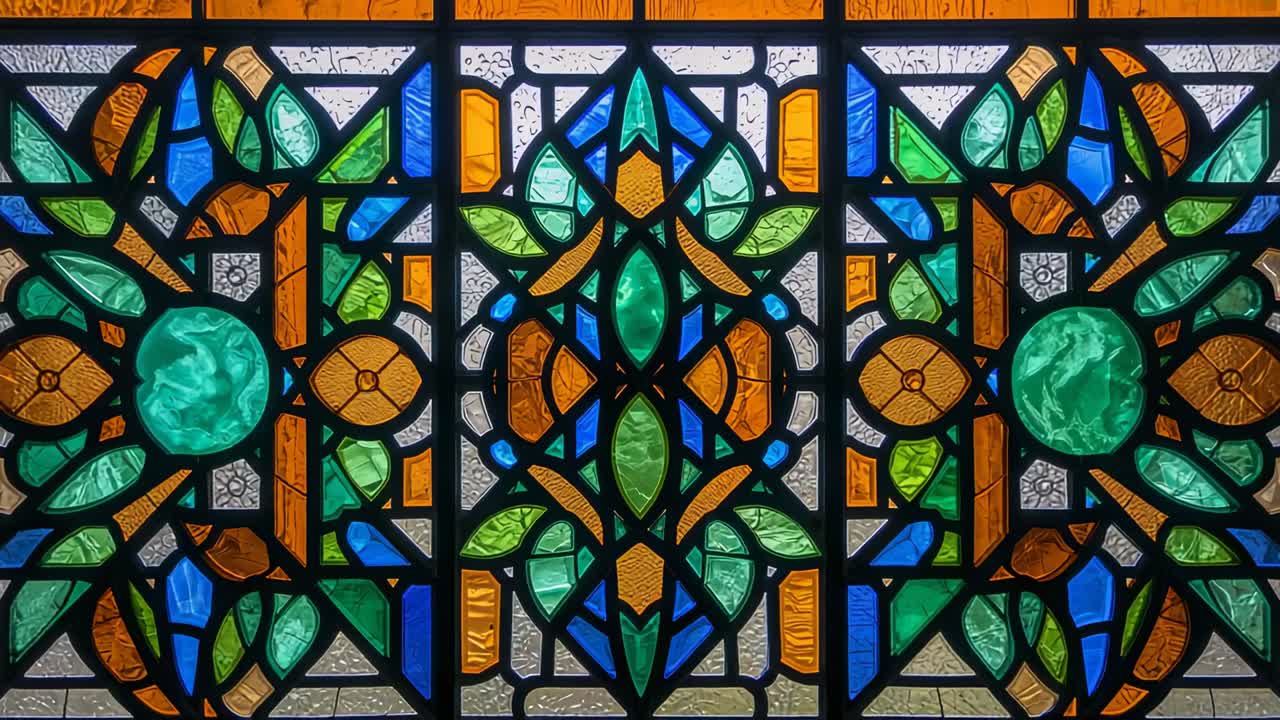 Zooming camera showing stained glass window at chapel highlighting leafy pattern with amber accents