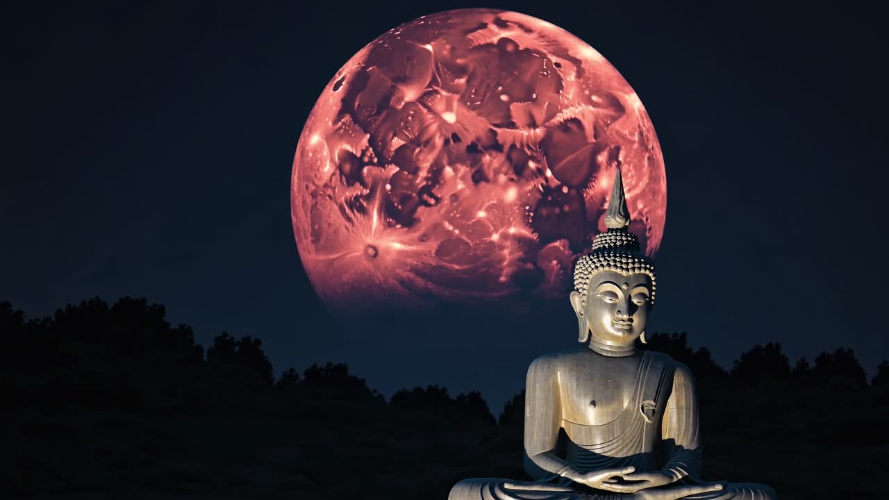 Buddha statue meditating peacefully beneath a large red full moon, enveloping the scene in a serene and spiritual ambiance, set against a captivating moonlit night landscape