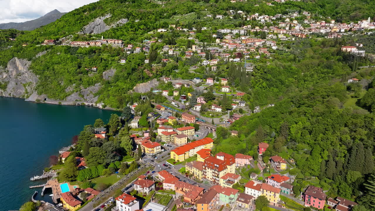 Aerial drone view of Varenna village near Lake Como, Italy