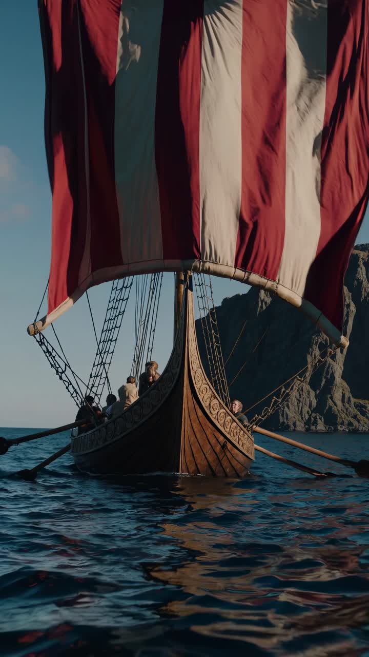 A dramatic low-angle video shot of a Viking ship with a red-striped sail, capturing its majestic