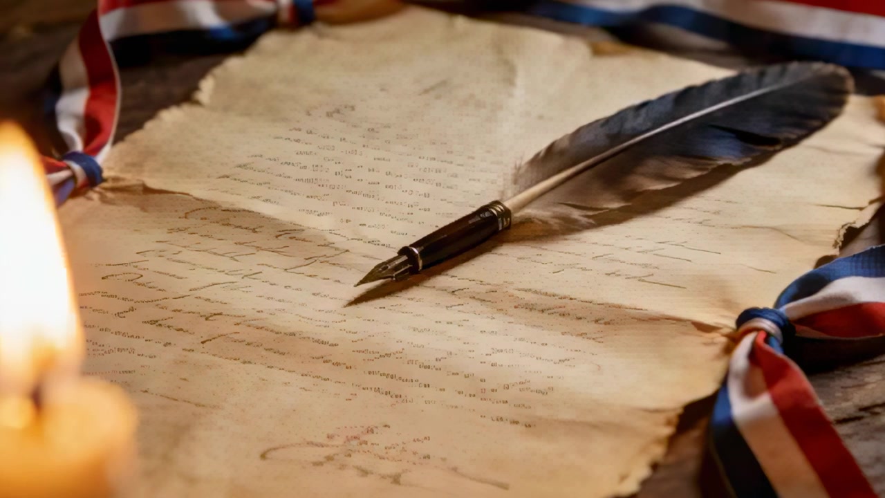 Tightening camera revealing quill nib detail over parchment at candlelit desk, ribbon visible
