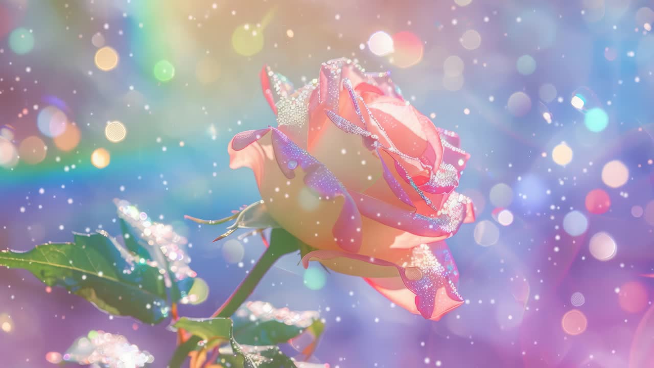A dreamy, close-up video of a rose with dewdrops, captured at an upward angle