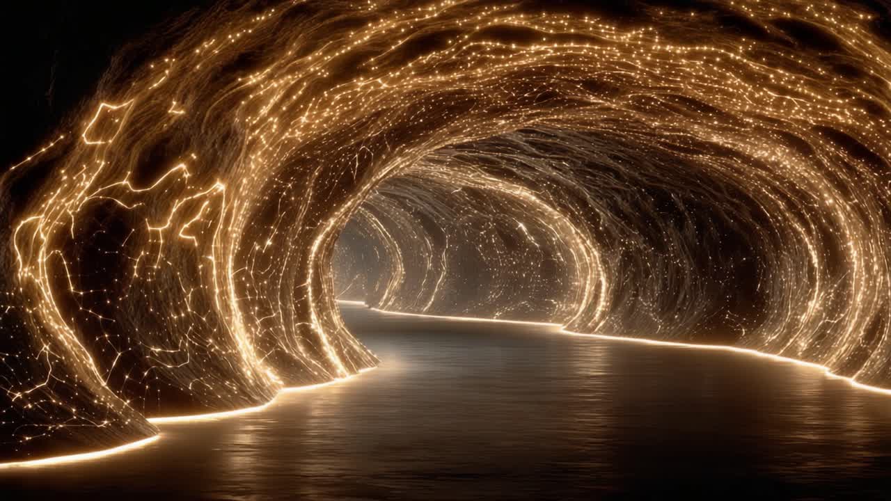 A Mystical Journey Through a Glowing Tunnel of Light and Reflections Doubling Back in a Magical Environment