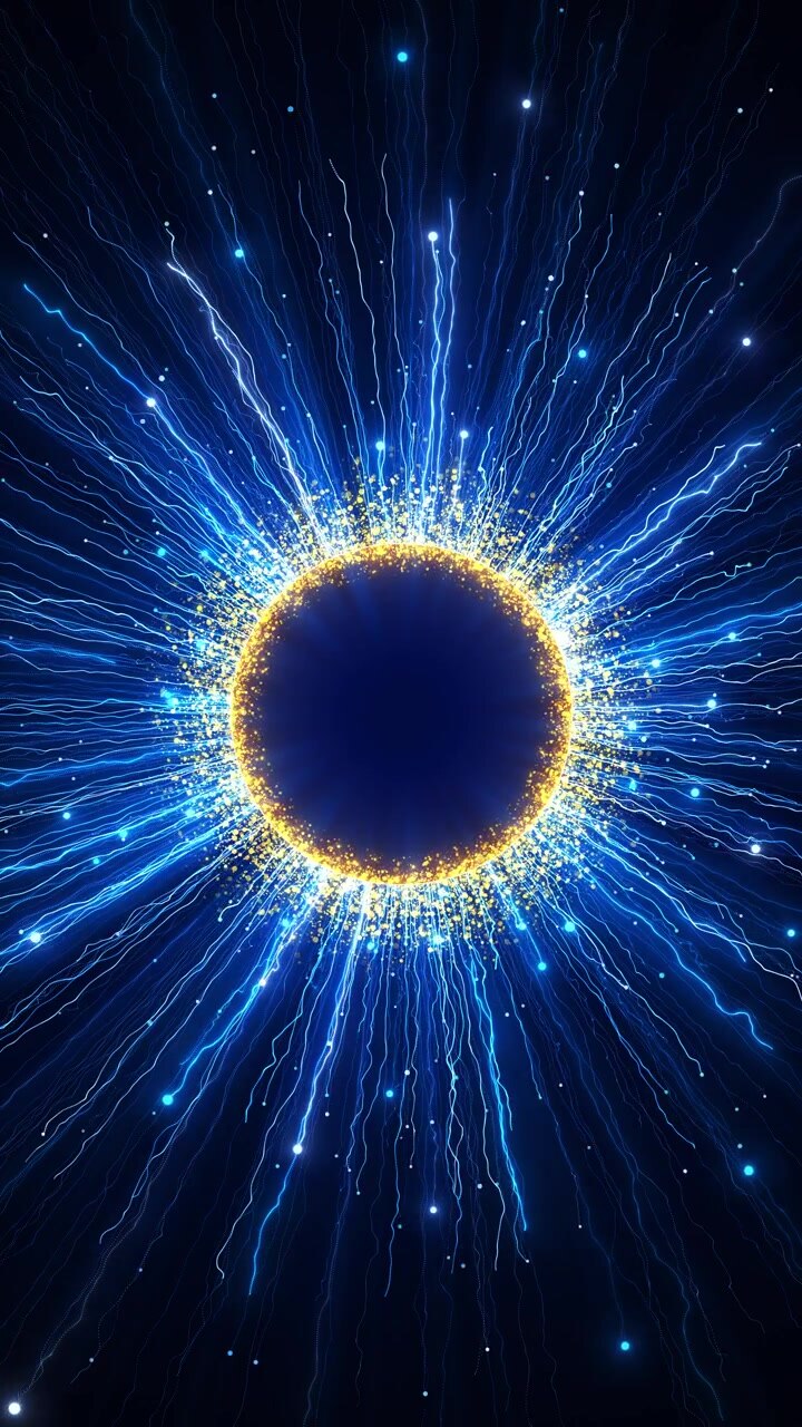 Sfera blu elettrico, anello di particelle dorate, linee di rete radiali, centro luminoso, introduzioni AI tecnologiche.