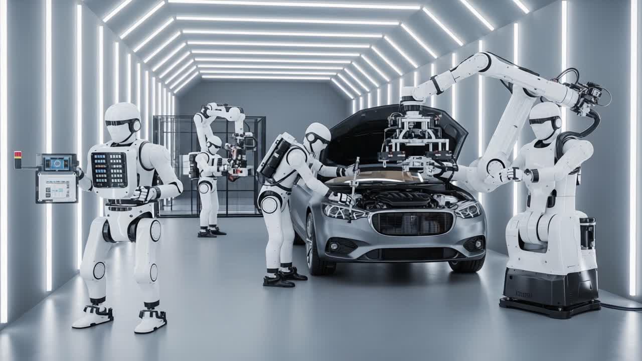 A Futuristic Assembly Line Featuring Advanced Robotics Working on a Modern Vehicle in a Clean High-Tech Environment, Showcasing Automation and Precision Engineering