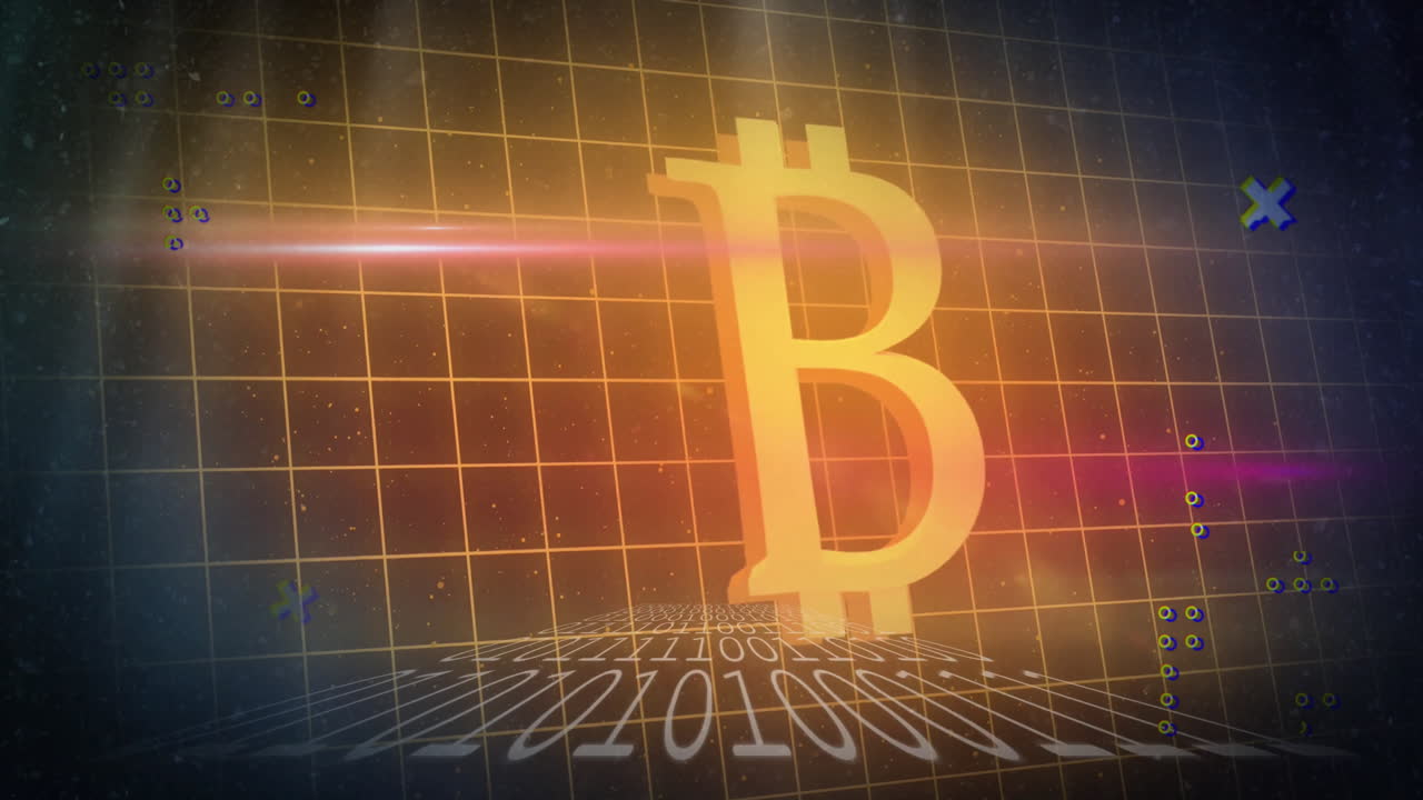 animación del patrón de cuadrícula, códigos binarios y símbolo iluminado de bitcoin sobre fondo negro