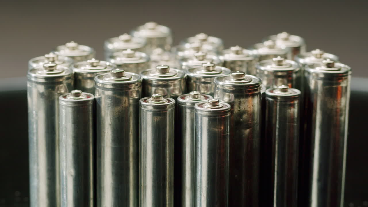 Silver batteries AA and AAA on black background close-up. Double-A battery is a standard size single cell cylindrical dry battery. Batteries are common in portable electronic devices. An AA battery is composed of a single electrochemical cell that may be either a primary battery or a rechargeable ba