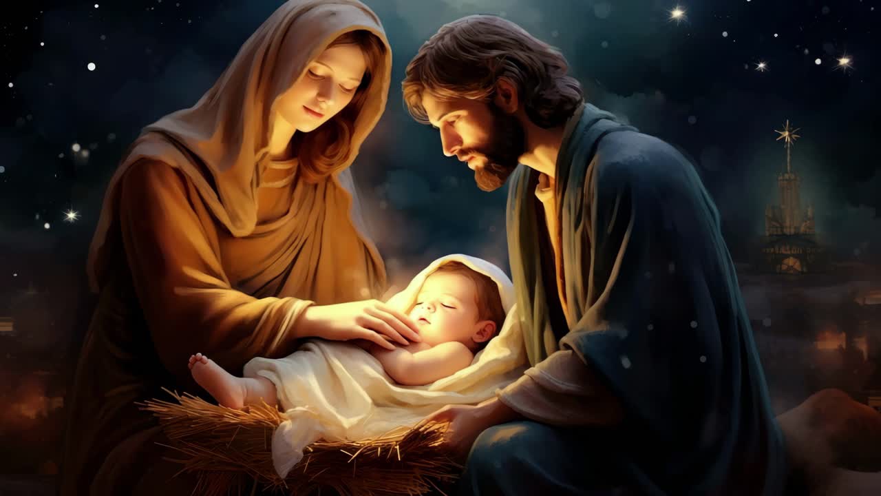 A serene nativity scene with a soft focus, capturing Mary, Joseph, and baby Jesus
