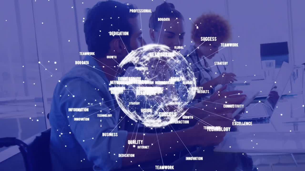 지구상의 애니메이션과 데이터 처리에 대한 카우카시안 장애인 사업가와 사무실의 동료