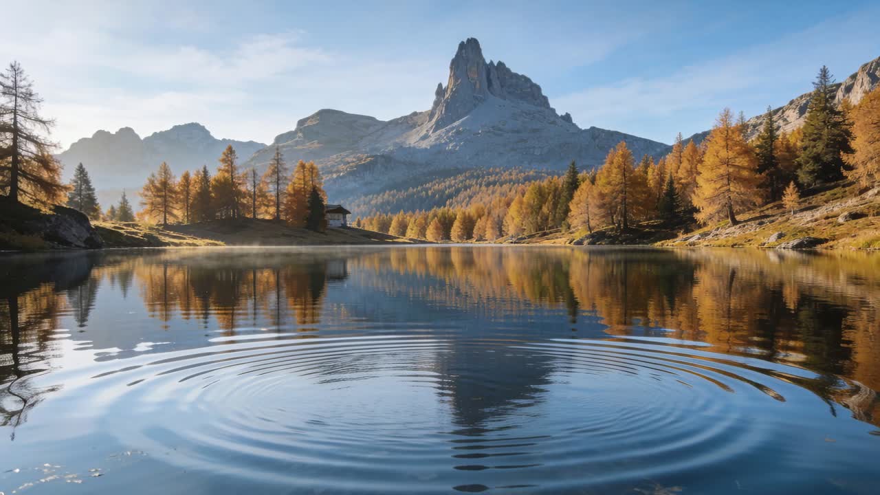 Increspature circolari che si formano al centro del lago dopo un impulso e si espandono verso l'esterno, deformando il riflesso della cima