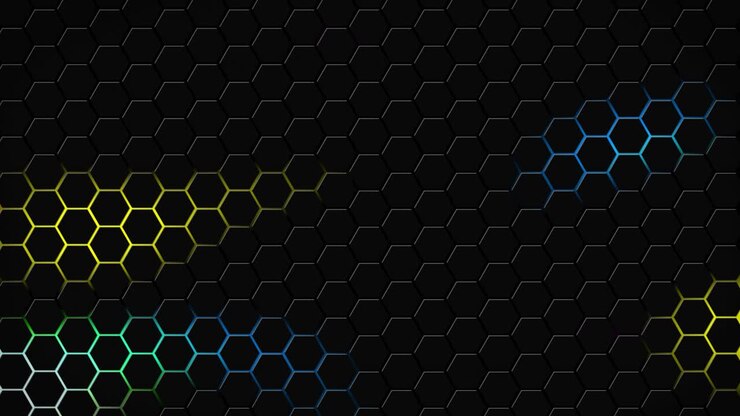 Dunkle Hexagon-Geometrie, leuchtende Kacheln, 3D-Animation, Neon-LED-Leuchtkraft, Lichtformen, Cyber-Digitalmuster, Technologie-Hintergrundfarbe Dunkelregenbogenblau