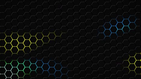 dark hexagon geometry glowing tiles 3d animation neon led luminance light shapes cyber digital pattern technology background color dark rainbow blue