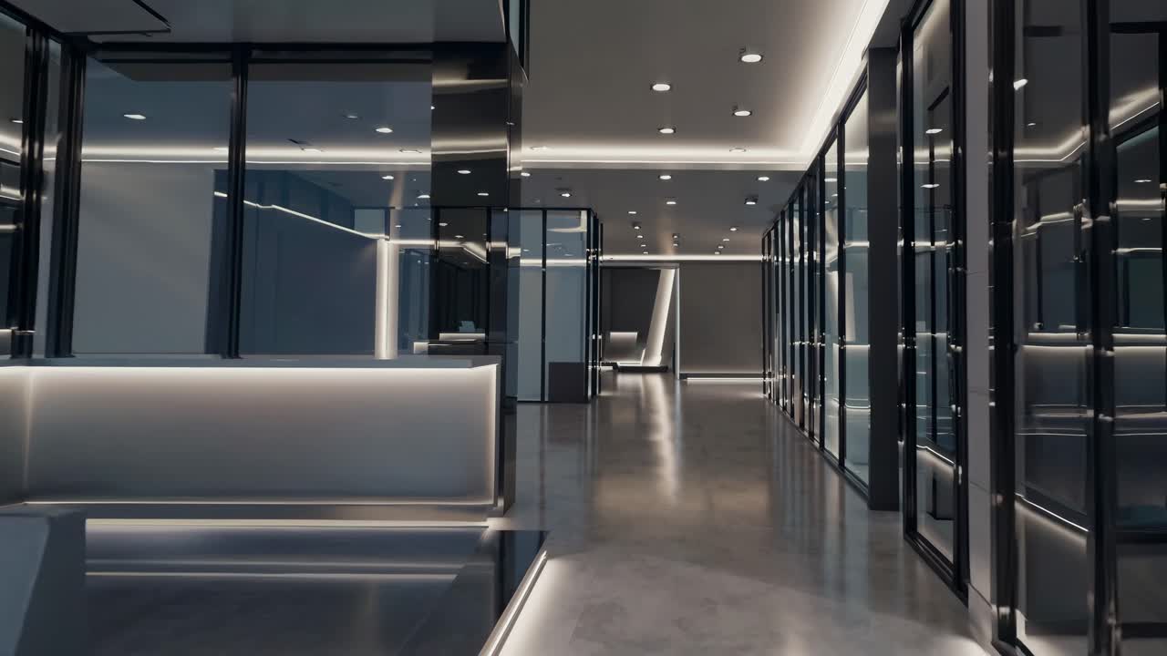 Minimalist and futuristic office space showcasing a sleek reception area, corridor, and waiting area, featuring modern furniture and integrated LED lighting