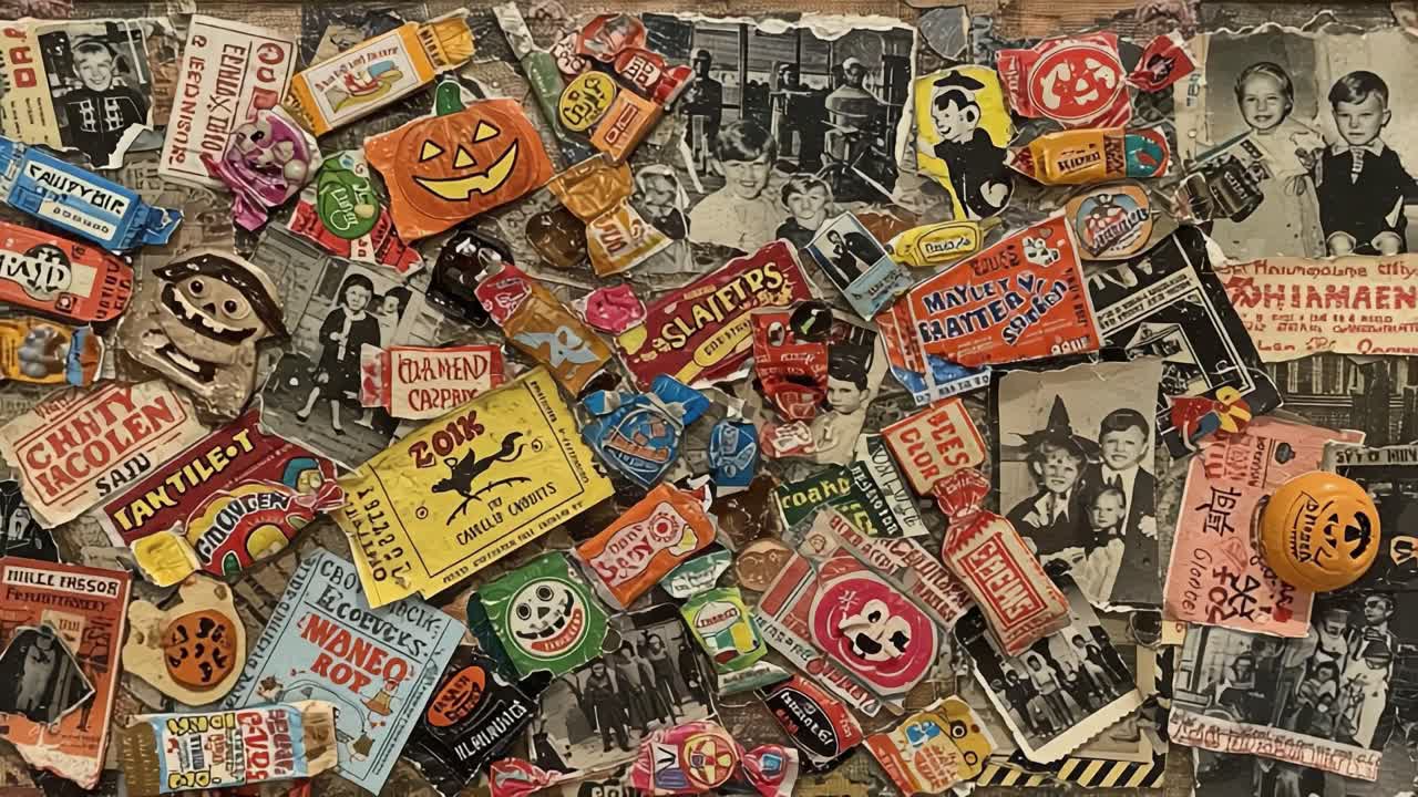 A Vibrant Collage of Vintage Candy Wrappers and Halloween Memorabilia, Showcasing a Colorful Array of Nostalgic Items on a Black and White Historical Background