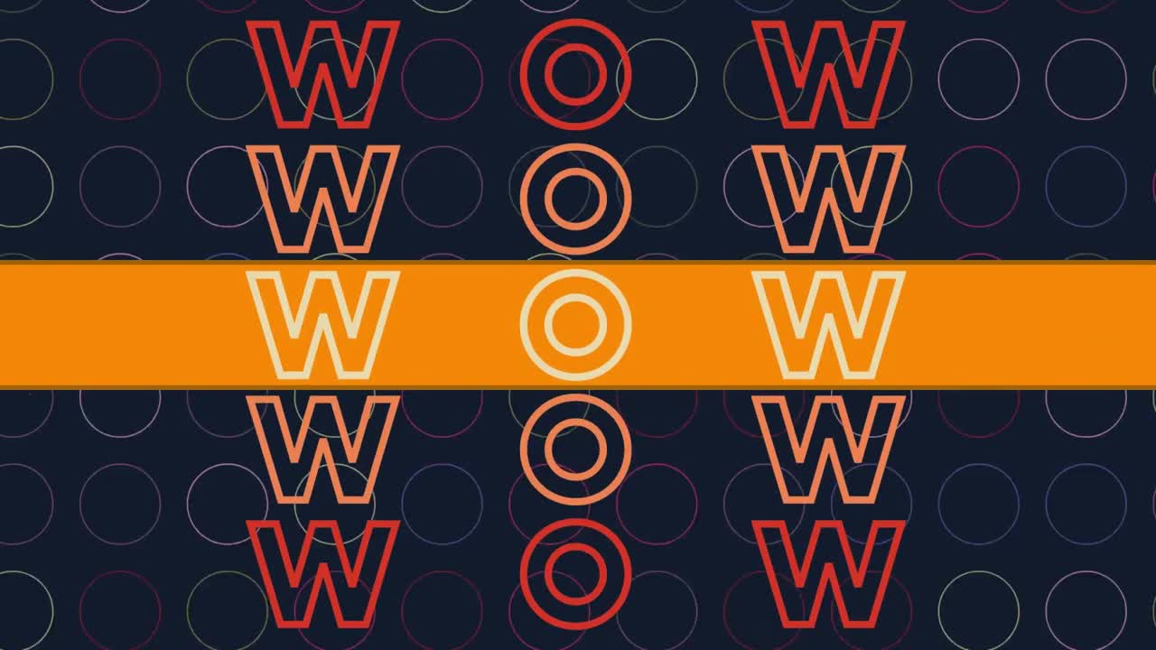 검은색 배경의 다채로운 원 위에 반복되는 와우 텍스트의 애니메이션