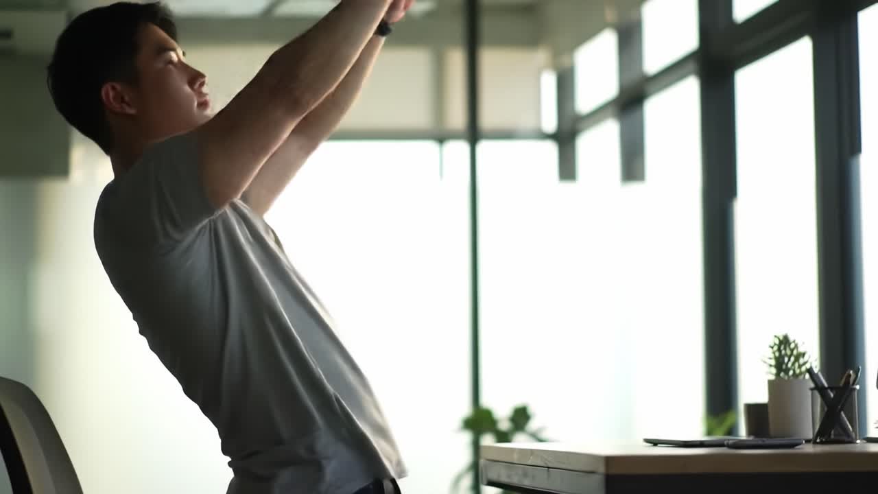 Transitioning from Sitting to Standing: A Young Man's Ergonomic Journey in a Modern Office Environment for Improved Posture and Productivity