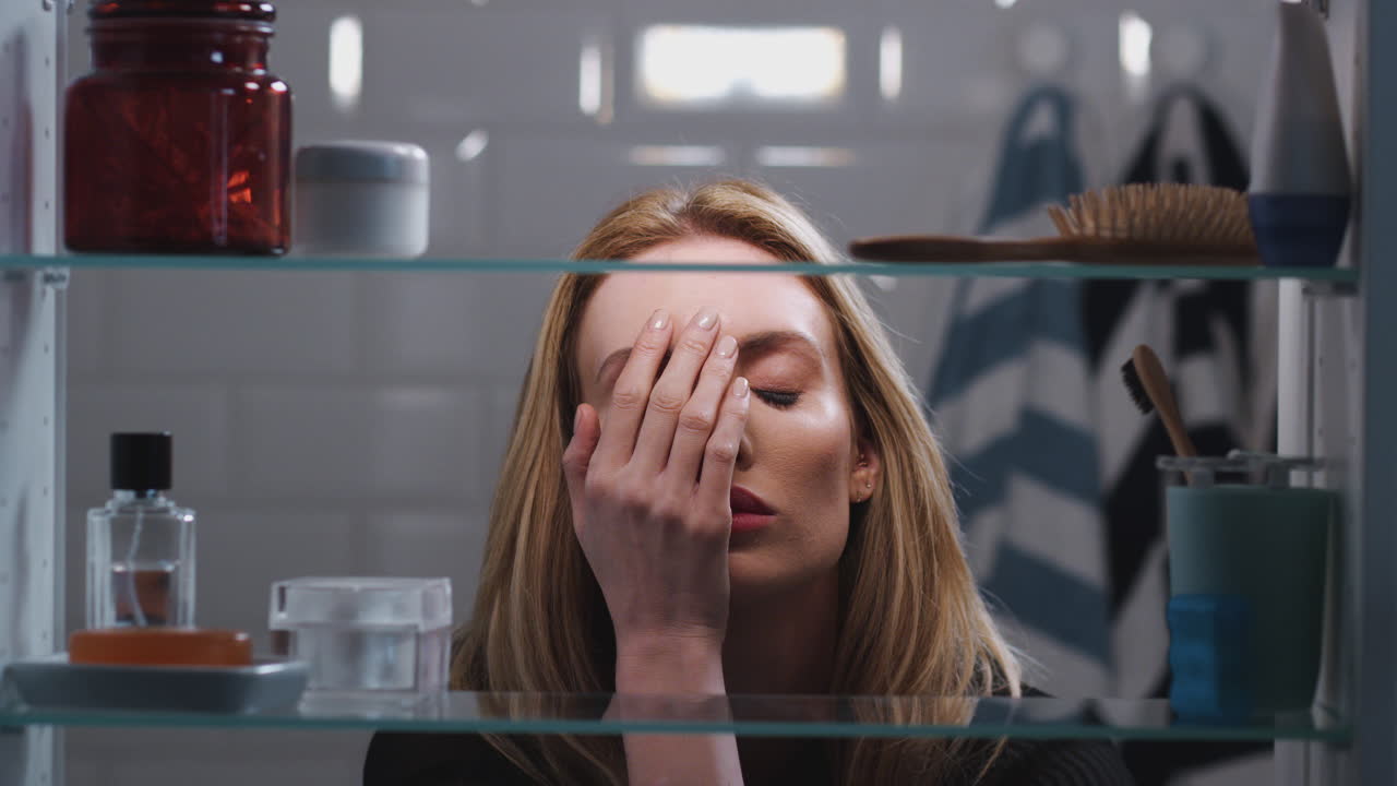 vista a través del armario del baño de una joven mujer de negocios estresada que parece infeliz