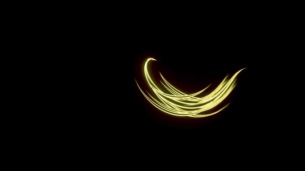 검은색 배경에 고립된 다채로운 빛의 혼란스러운 움직임, 원활한 루프 디자인, 구부러지고 휘어지는 흐르는 줄무와 선.