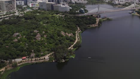 Long-Aerial-view-of-a-cable-stayed-bridge-has-one-or-more-towers-,-from-which-cables-support-the-bridge-deck