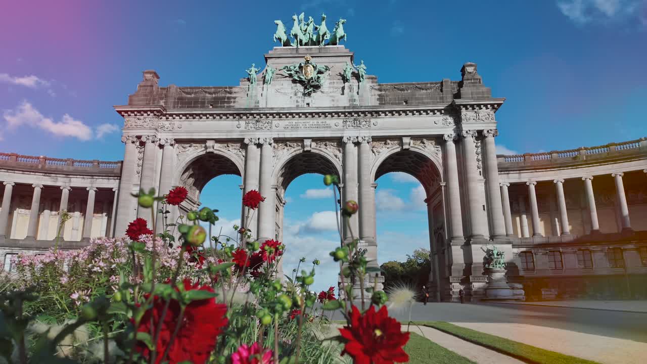 Artistic shot of Cinquantenaire Arch with flowers and creative light leaks