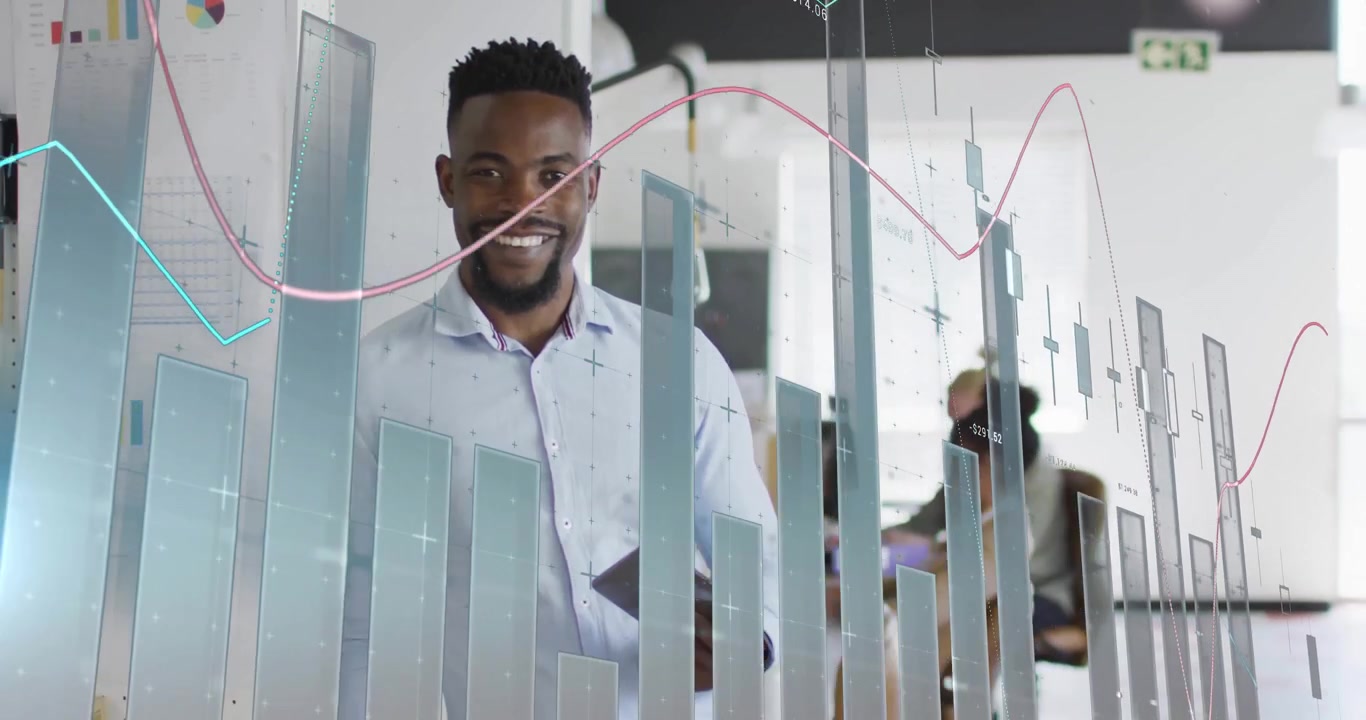Man tapping smartphone and analyzing finance data in office with translucent bar graphs updating