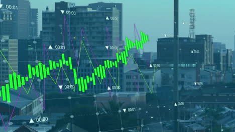 animación del procesamiento de datos frente a una vista aérea del paisaje urbano