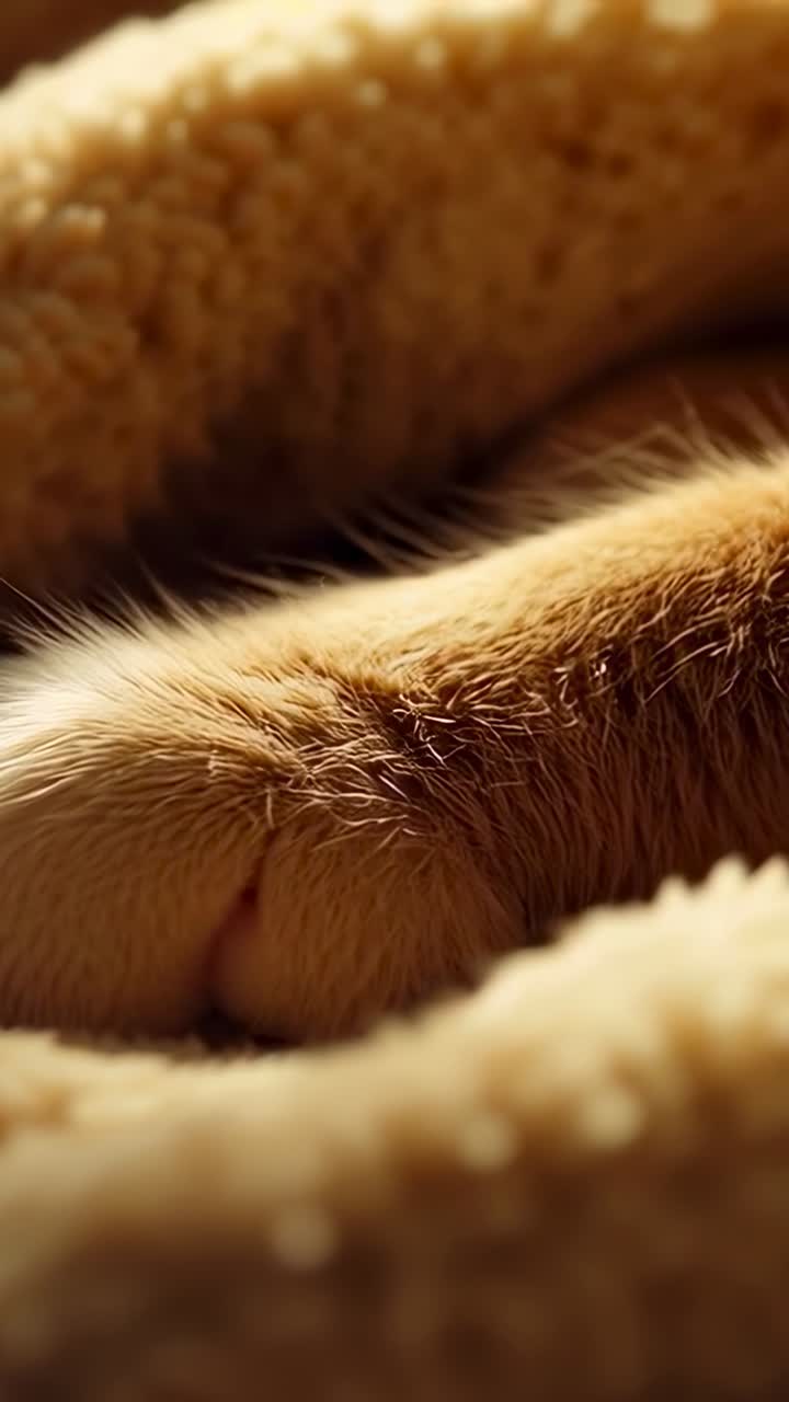 Vertikales Video: Pfote einer ruhenden Ingwerkatze, die winzige Atemverschiebungen auf Fleece zeigt, warmes Licht