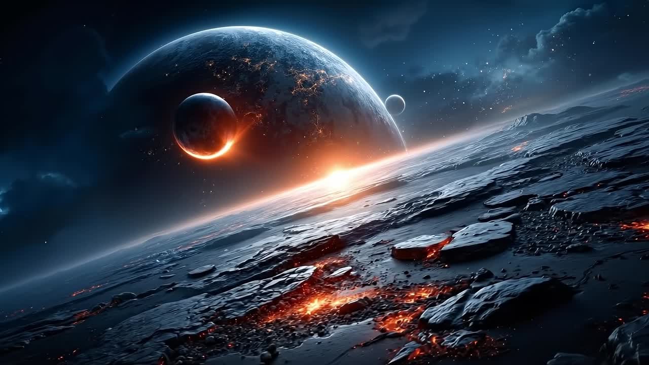 An artist's impression of a planet in space with a bright orange sun in the background