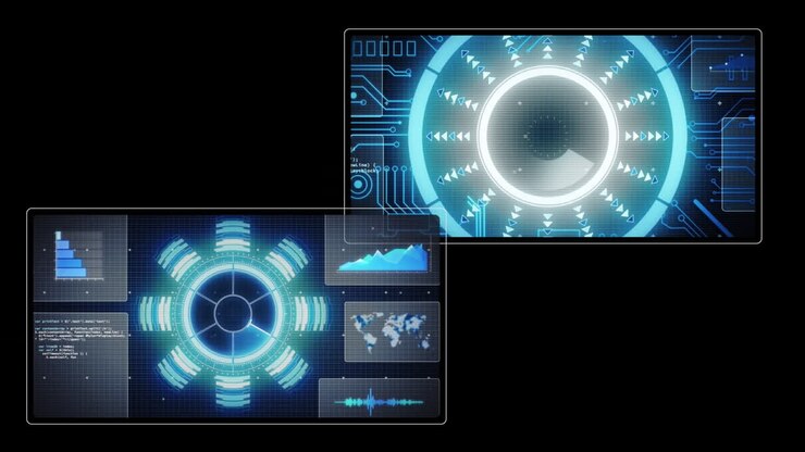 Animation of data processing with scope scanning on black background