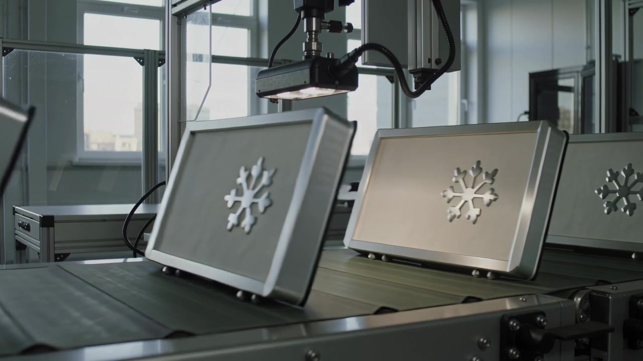 Starting conveyor moving three embossed snowflake cases under lit processing head for inspection