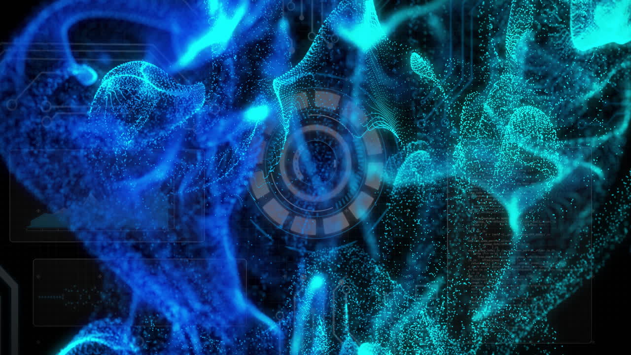 interfaz digital futurista con partículas azules y verdes y animación circular