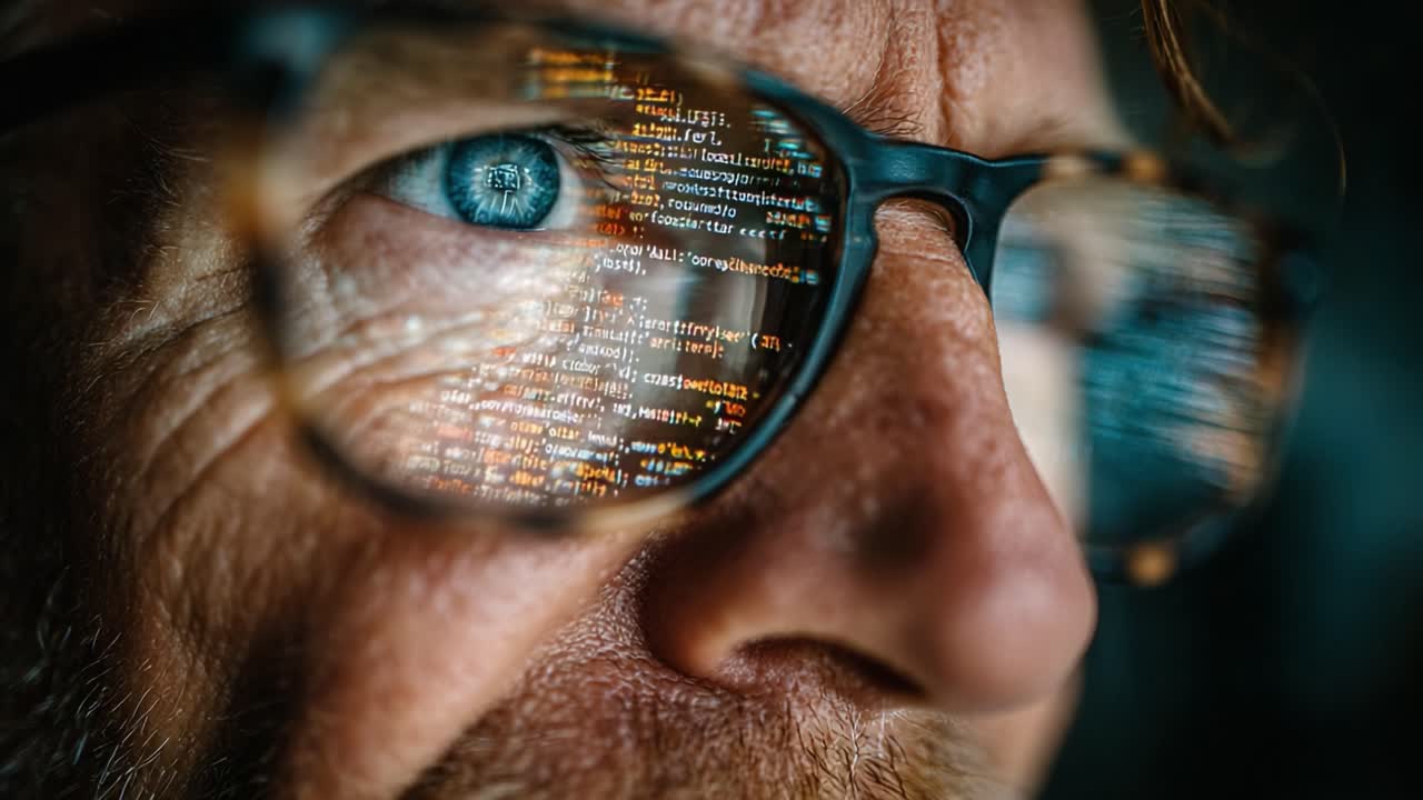 Focused Coding: A Close-Up of an Individual Analyzing Complex Code Reflected in Their Glasses, Capturing Intense Concentration and Insight into Programming