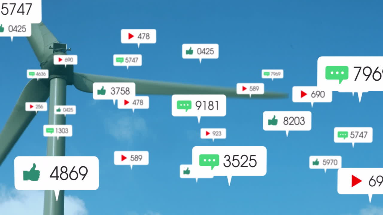 Wind turbine rotating in clear sky, floating social media metrics showing likes comments and views