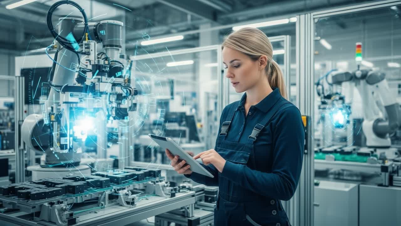 A Focused Technician Operating Advanced Robotic Machinery in a High-Tech Manufacturing Environment, Showcasing the Future of Automation and Industry 4.0 Solutions