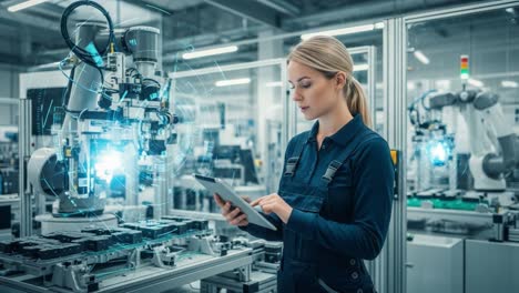 a focused technician operating advanced robotic machinery in a high-tech manufacturing environment, showcasing the future of automation and industry 4.0 solutions