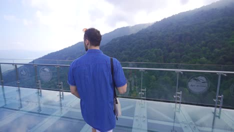 the hiker walks to the edge of the cliff and looks out over the canyon.