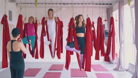 women group practices new anti-gravity yoga tree asana