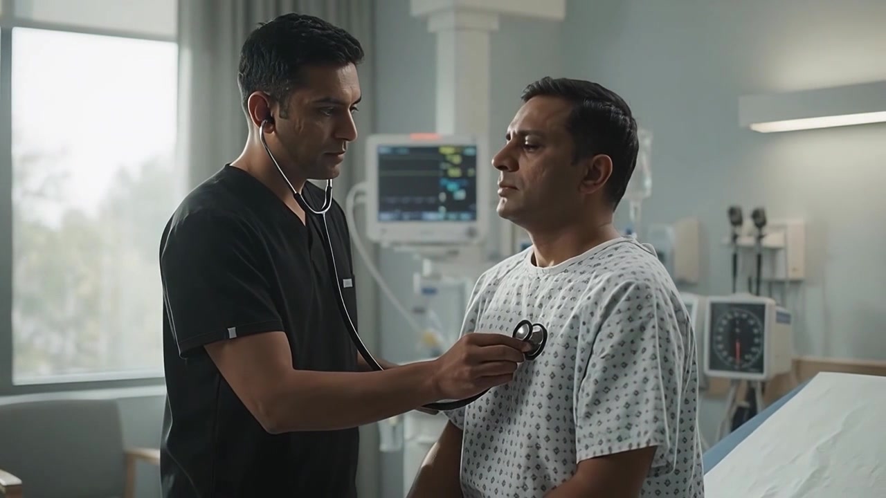 Doctor Examining Patient with Stethoscope in Hospital Room