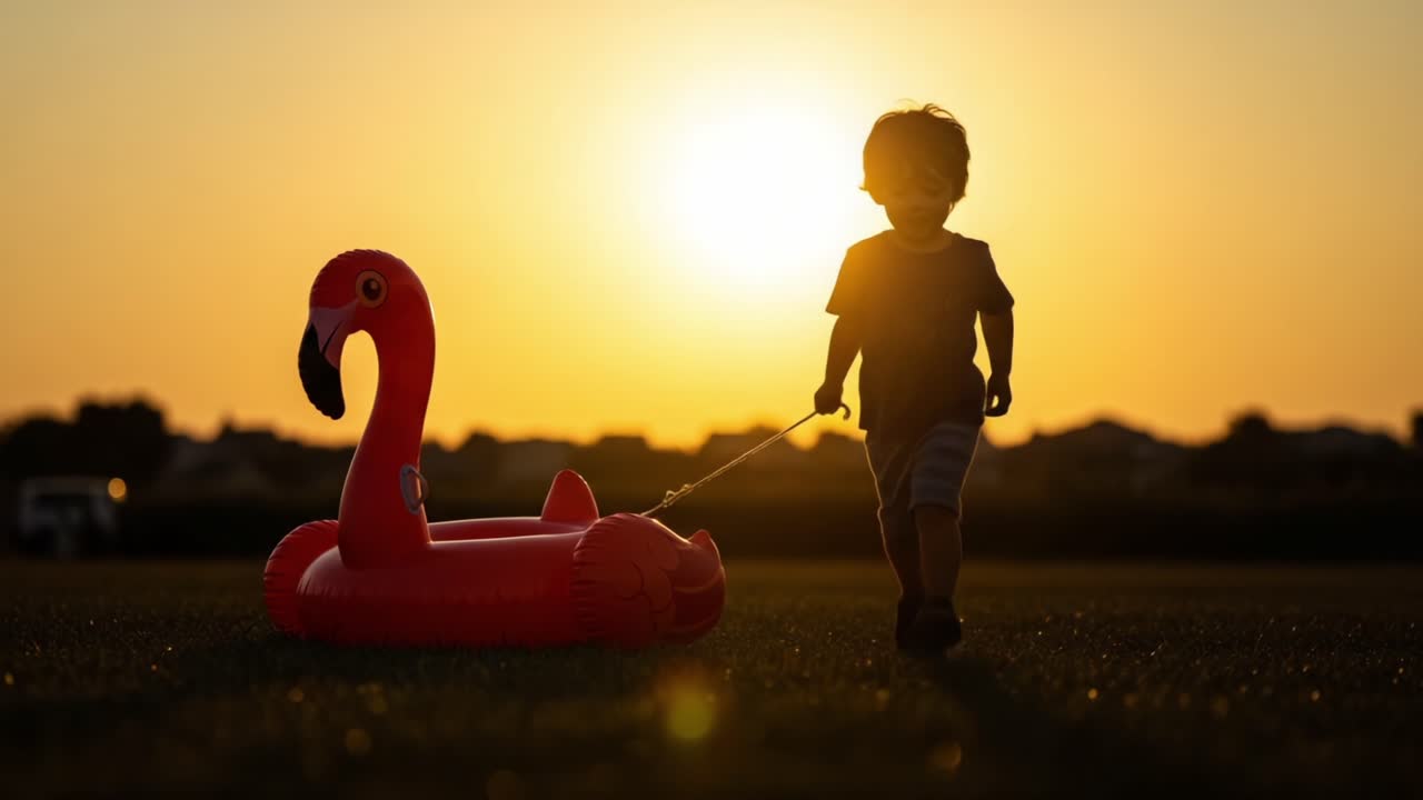 Nuori lapsi vetää leikkisästi puhallettavaa flamingoa kohti laskevaa aurinkoa luoden iloisen siluettihetken iltahämärässä.