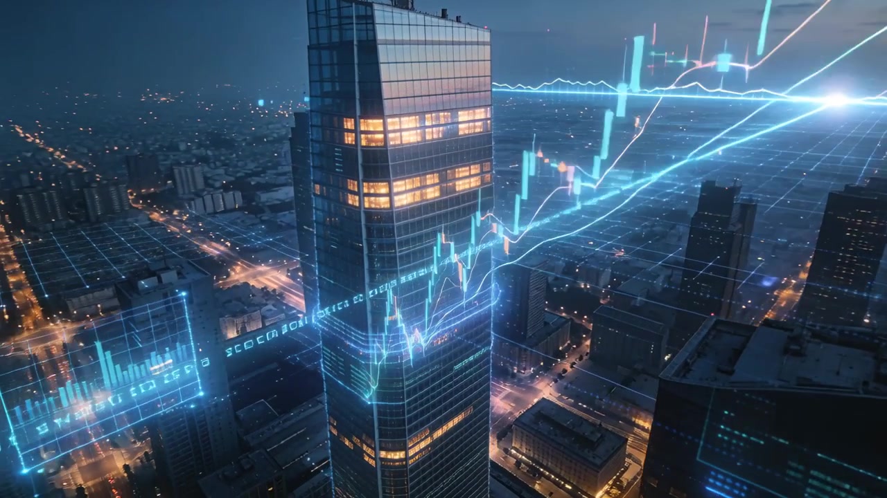 Grafici finanziari digitali che appaiono avvolgendo una torre di vetro al crepuscolo nel centro città, mostrando valori in crescita.
