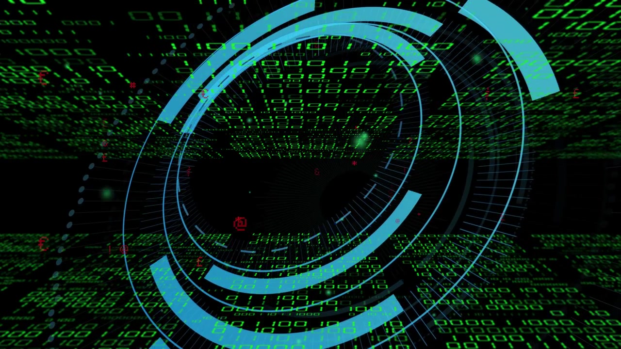 Glowing orbs emerging, faint blue HUD expanding, rotating, stabilizing, scanning green digit tunnel