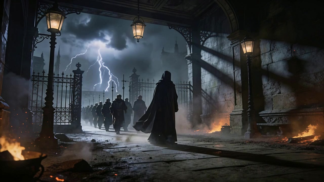 Lightning flashing, cloaked figure moving under arch, brazier glowing, column passing gate to spire